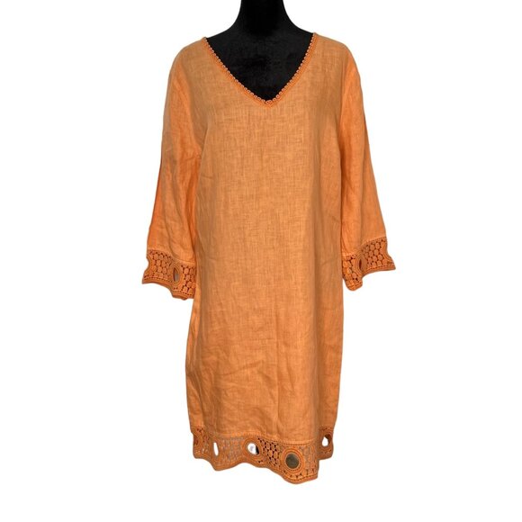 HARIS COTTON Linen Size Small Dress Orange Eyelet Trim V-Neck Cover Up Lagenlook - Picture 1 of 11